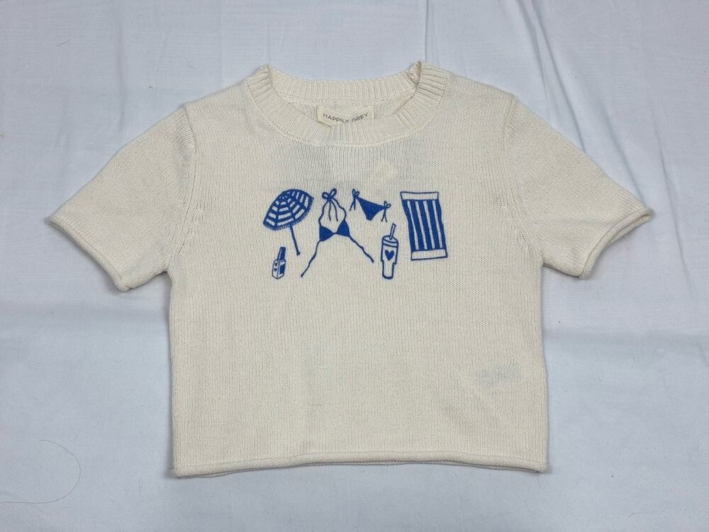 Happily Gray Beach Theme Sweater Short Sleeve Ivory Blue Size XS NWT